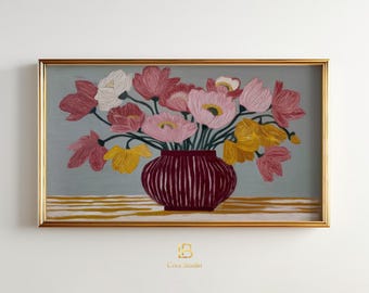 Floral Anemone Bouquet Frame TV Art,  Vintage Still life Textured Folk Decor | (Digital Download)