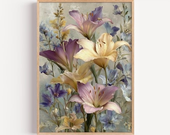 Pastel Floral Lily & Bluebell Print, Vintage Elegant Botanical Wall Art | (Digital download)