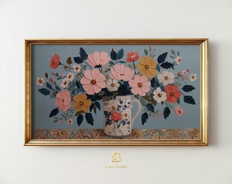 Floral Pitcher Bouquet Frame TV Art, Artisan Still Life Farmhouse Decor | (Digital Download)