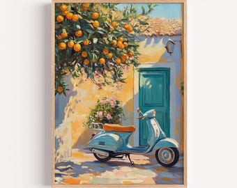 Vintage Scooter Under Citrus Tree Print, Mediterranean Courtyard Decor, Impressionist Wall Art | (Digital Download)