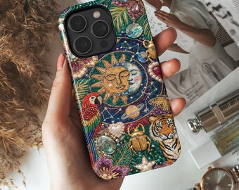 Vintage Mosaic Phone Case, Jeweled Beaded Art Design, Tough MagSafe Case