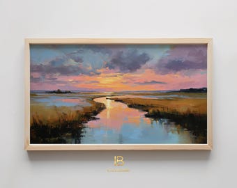 Expressive Sunset River Path Frame TV Art, Romantic Landscape Painting | (Digital Download)