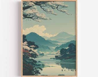 Misty River Landscape Print, Japanese Mountain Wall Art, Serene Zen Nature Decor | (Digital Download)