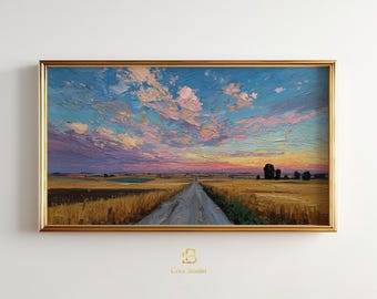 Expressive Country Lane Sunset Frame TV Art, Impressionist Golden Wheat Fields | (Digital Download)