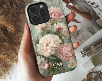Blooming Peonies Phone Case, Personalized Floral Vintage Botanical Painting Cover, Flower Lover Gift