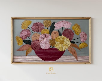 Hand-Painted Style Floral Folk Frame TV Art, Wildflowers Garnet Vase Decor | (Digital Download)