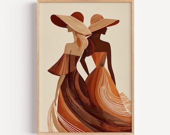 Two Elegant Women Print, Boho Fashion Illustration Wall Art, Coastal Luxe Decor | (Digital Download)