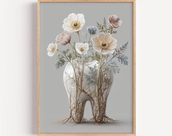 Tooth Floral Reliquary Print, Elegant Dentist Wall Art, Neutral Modern Botanical Decor | (Digital Download)
