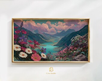 Alpine Flower Valley Frame TV Art, Dreamlike Lansdcape Art, Boho Cottagecore Decor | (Digital Download)