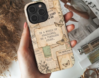 Vintage Newspaper Phone Case, Literary Botanical Collage Quote Design, Tough MagSafe Case