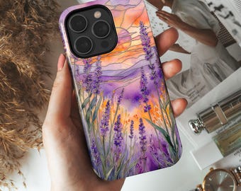 Lavender Stained Glass Phone Case, Floral Mosaic iPhone Cover, Botanical Sunset Nature Case