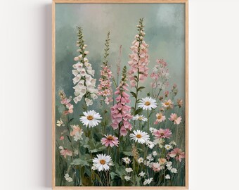 Serene Bouquet Of Meadow Flowers Print, Botanical Decor, Watercolor foxgloves Wall Art (digital Download)