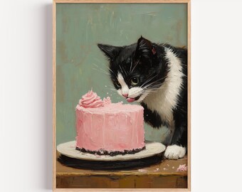 Tuxedo Cat licking Pink Cake Print, Funny Oil Painting Minimalist Wall Art (digital Download)