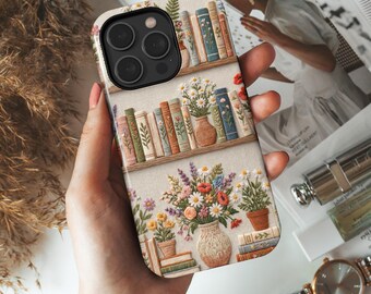 Bookish Embroidery Phone Case, Floral Bookshelf Design for Book Lovers