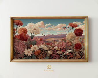 Retro Botanical Autumn Landscape Frame TV Art, Wildflower Meadow, Cozy Fall Decor | (Digital Download)
