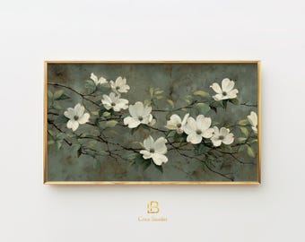 Vintage Botanical Dogwood Blossoms Frame TV Art, Sage Leaves And Branches Decor | (Digital Download)