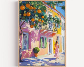 Woman Walking Vibrant Villa Print, Oil Painting Street Sunlit Coastal Wall Art | (digital Download)