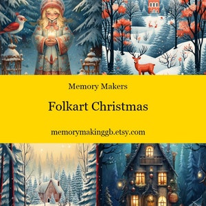 Könnte beinhalten: Eine Collage aus vier Winterszenen mit einem Mädchen, das eine Kerze hält, einer Kirche in einem verschneiten Wald, einem Reh in einem verschneiten Wald und einem Haus mit Lichtern und Dekorationen. Der Text "Memory Makers Folkart Christmas memorymakinggb.etsy.com" ist auf einem gelben Banner zu sehen.