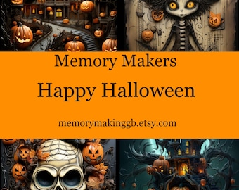 Può includere: Un collage di quattro immagini a tema Halloween. Le immagini mostrano una casa infestata, una strega con un cappello a cilindro, uno scheletro circondato da zucche e una casa infestata con una scala.