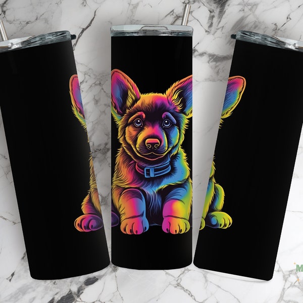 Neon Rainbow Puppy German Sheperd, 20oz Sublimation Tumbler Wrap Design,PNG, Straight,Tapered 9.3 x 8.2”Straight Skinny, K9 Dog, Alcohol ink