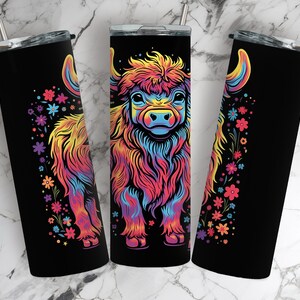Colorful Rainbow Floral Baby Highland Cow 20oz Sublimation Tumbler Wrap Design, PNG, Straight, Tapered 9.3 x 8.2” Straight Skinny Seamless