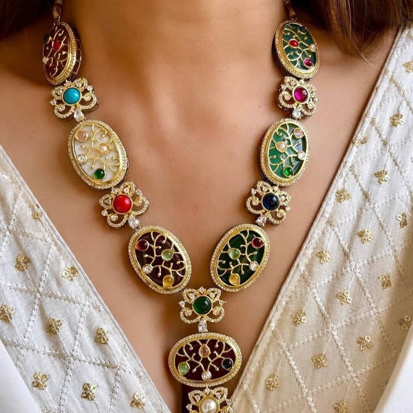 Sabyasachi Inspired Fine Quality Layered Long Emerald Green Faux Zirconium Polki Kundan Necklace Set/Pakistani Necklace/Wedding Jewelry/OOAK