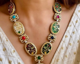 Sabyasachi inspirado en capas de alta calidad largo verde esmeralda falso circonio Polki Kundan collar conjunto / collar paquistaní / joyería de boda / OOAK