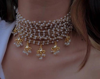 Ensemble de colliers de perles Chokar | Collier indien | Parure de collier en or Bijoux tendance | Bollywood | Bijoux indiens de mariage|Bijoux indiens en argent