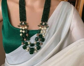 Kundan Long Necklace/ Indian Jewelry/ Ruby Lotus Necklace/ Victorian Pearl Necklace/ Indian Wedding/ Green Necklace Set/ Pakistani Jewelry