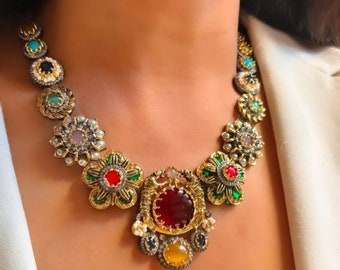 Royal Sabyasachi Neckless/Sabyasachi jewelry/Sabyasachi choker/Navratana Neckless set/bollywood jewelry/Indian choker/Indian wedding set