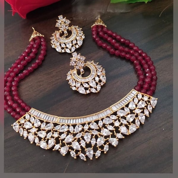 Ruby Red Necklace | Pakistani Jewelry| CZ Necklace | Crystal Necklace | Statement Jewelry | Bridal Necklace | Indian Necklace AD NECKLACE