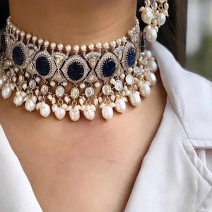 Sabyasachi Inspired Uncut Polki Kundan Choker Set with Sapphire Blue Carved Stones and Pearls, Includes Earrings bollywood style jewelry