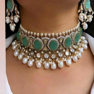 Sabyasachi Inspired Uncut Polki Kundan Choker Set with Turquoise Carved Stones and Pearls, Includes Earrings wedding necklace bollywood sets