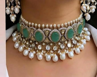 Sabyasachi Inspired Uncut Polki Kundan Choker Set with Turquoise Carved Stones and Pearls, Includes Earrings wedding necklace bollywood sets