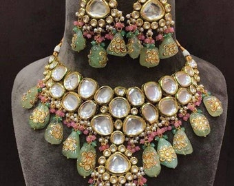 Sabyasachi inspired designer kundan set, green kundan choker, kundan bridal choker set, customizable kundan bridal sets, Royal kundan sets