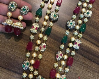 3 layer long Necklace set/Designer necklace set/Multi color set/Victorian Necklace/Long kundan necklace/Navratan set/sabyasachi jewelry/sets
