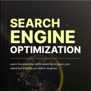 以下が含まれることがあります： 大きな黄色の文字で「SEARCH ENGINE OPTIMIZATION」と書かれた本の表紙。その下に「Learn the essential techniques to increase your website's visibility on search engines.」というテキストが表示されています。地球儀を囲む虫眼鏡。
