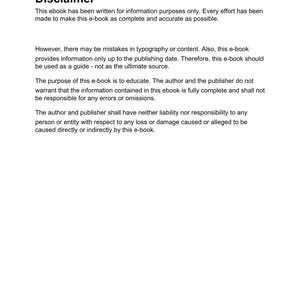 以下が含まれることがあります： 「免責事項」というタイトルの白いページ。黒い太字で表示されています。下のテキストは、電子書籍の目的、制限事項を説明し、エラーや脱落に対する責任を否認しています。テキストはシンプルで読みやすいフォントです。