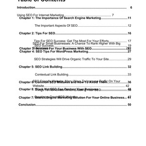 以下が含まれることがあります： 「目次」と題された白いページで、SEO関連のトピックがリストされています。「インターネットマーケティングへのSEOの活用」、「SEOリンク構築」、「WordPress向けSEOのヒント」など。ページ番号は右側に記載されています。