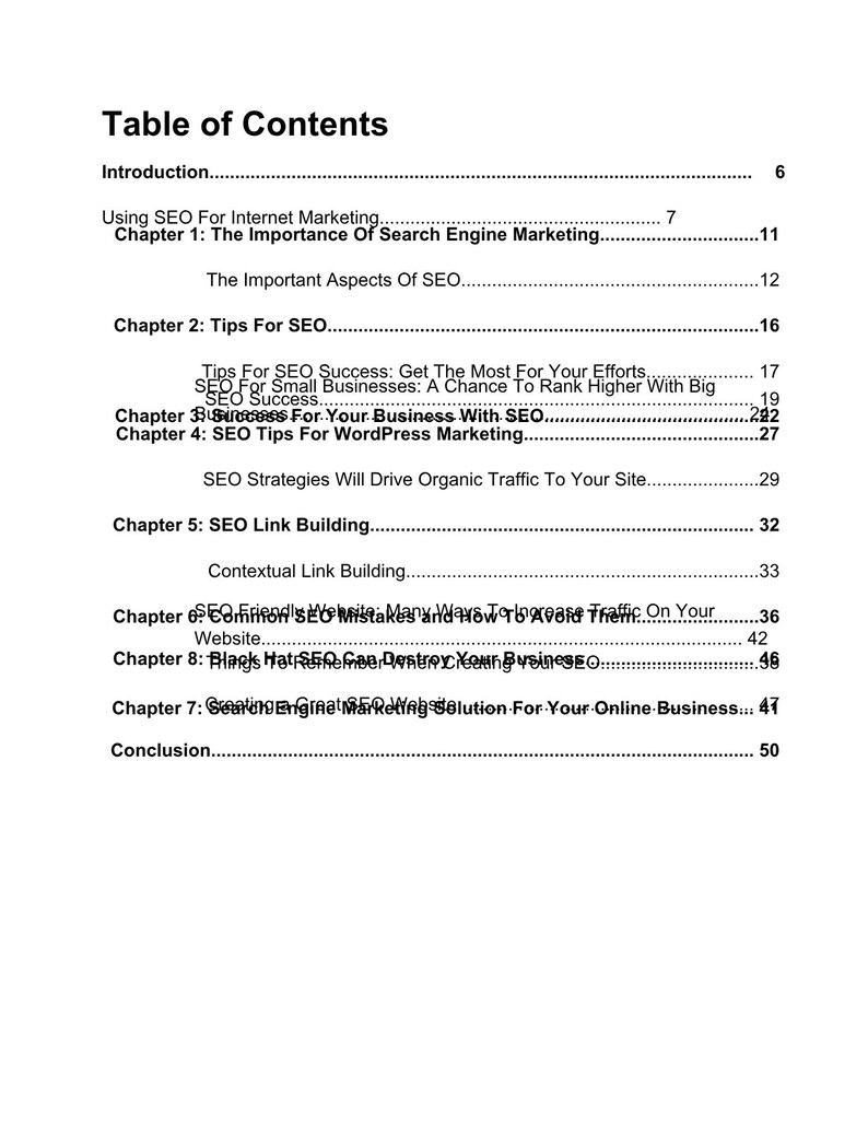 以下が含まれることがあります： 「目次」と題された白いページで、SEO関連のトピックがリストされています。「インターネットマーケティングへのSEOの活用」、「SEOリンク構築」、「WordPress向けSEOのヒント」など。ページ番号は右側に記載されています。