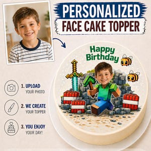 Può includere: Un cake topper personalizzato con la foto di un ragazzo, a tema Minecraft. La torta ha un diametro di 20 cm e include la scritta "Happy Birthday". Il design include una spada, blocchi di TNT e api.