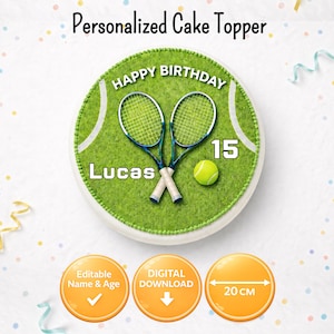 May include: A personalized cake topper with a tennis theme. The design features two crossed tennis rackets, a tennis ball, and the text "Happy Birthday" and "Lucas 15". The topper is round and has a green background.