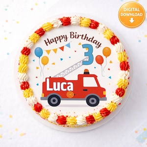 May include: A round birthday cake with white frosting, decorated with red, yellow, and white frosting around the edge. The cake features a red fire truck graphic, balloons, and the text "Happy Birthday 3 Luca".