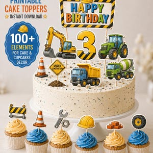 Può includere: Una torta di compleanno con decorazioni a tema costruzione. La torta è sormontata da un cartello "Happy Birthday", il numero "3" e vari veicoli da cantiere. Cupcake con glassa blu e gialla sono davanti alla torta. Il testo dice "Printable Cake Toppers" e "100+ Elements".