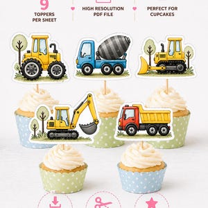 Può includere: Cupcake con decorazioni a tema veicoli da cantiere. Le decorazioni includono un trattore giallo, una betoniera blu, un bulldozer giallo, un escavatore giallo e un autocarro con cassone ribaltabile rosso. Il testo dice: "9 decorazioni per foglio", "File PDF ad alta risoluzione" e "5 design inclusi".