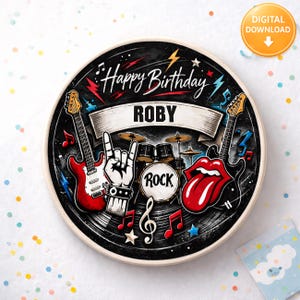 Könnte beinhalten: Rundes Grafikdesign mit Rock'n'Roll-Thema, das Gitarren, ein Schlagzeug, eine Handgeste und rote Lippen zeigt. Die Worte "Happy Birthday Roby" sind oben geschrieben. Das Design ist überwiegend schwarz, rot und weiß.