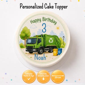 Taarttopper met vuilniswagen, gepersonaliseerde decoratie voor verjaardagstaart met vuilniswagen, thema voor feestje met aangepaste naam en leeftijd, digitale download