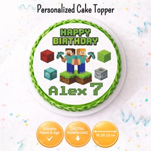 Può includere: Un topper per torta rotondo con bordo verde e la scritta "HAPPY BIRTHDAY" in verde. Il design presenta personaggi e blocchi pixelati, con il nome "Alex" e il numero "7". Disponibile nelle misure di 18, 20 e 22 cm.