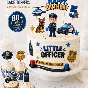 May include: A decorated cake with police-themed toppers, including a police officer, police car, helicopter, and a German Shepherd. The cake is decorated with blue and gold stars and the words "Happy Birthday" and "Little Officer". Cupcakes with police-themed toppers are also present.