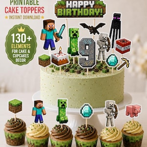 Pixel Cake Topper Printable Bundle, Gamer Birthday Cake Decorations, 130+ Elements Cupcake Toppers Set, Video Game Decor, Instant Download